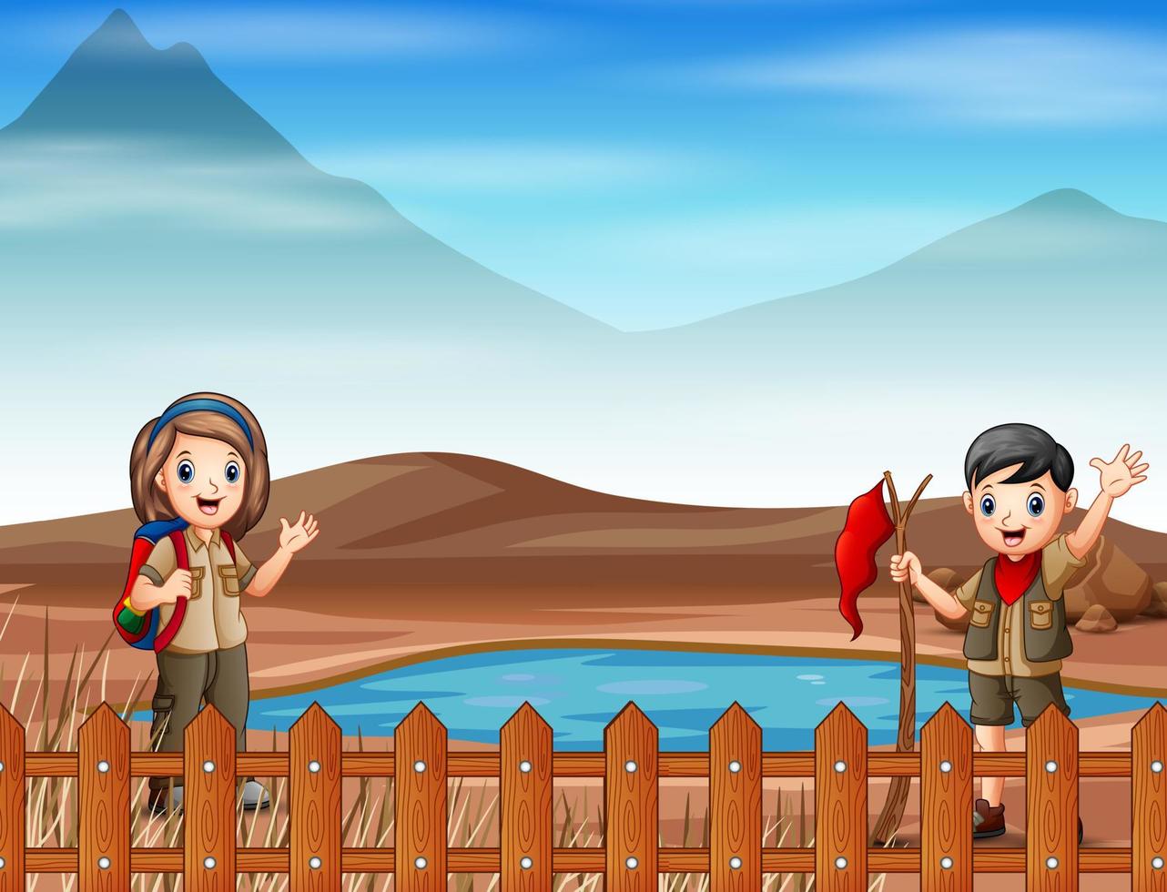 Two scouts are exploring in dried land vector