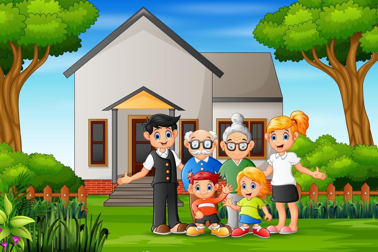 Happy family members in the front yard of the house vector