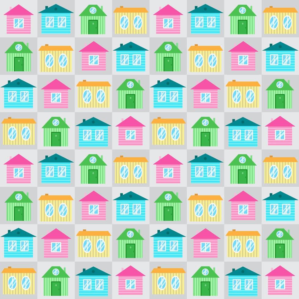 Seamless pattern with colorful cartoon houses. Cute illustration in pastel tones. Print for textile, interior, wrapping paper, design and decor vector