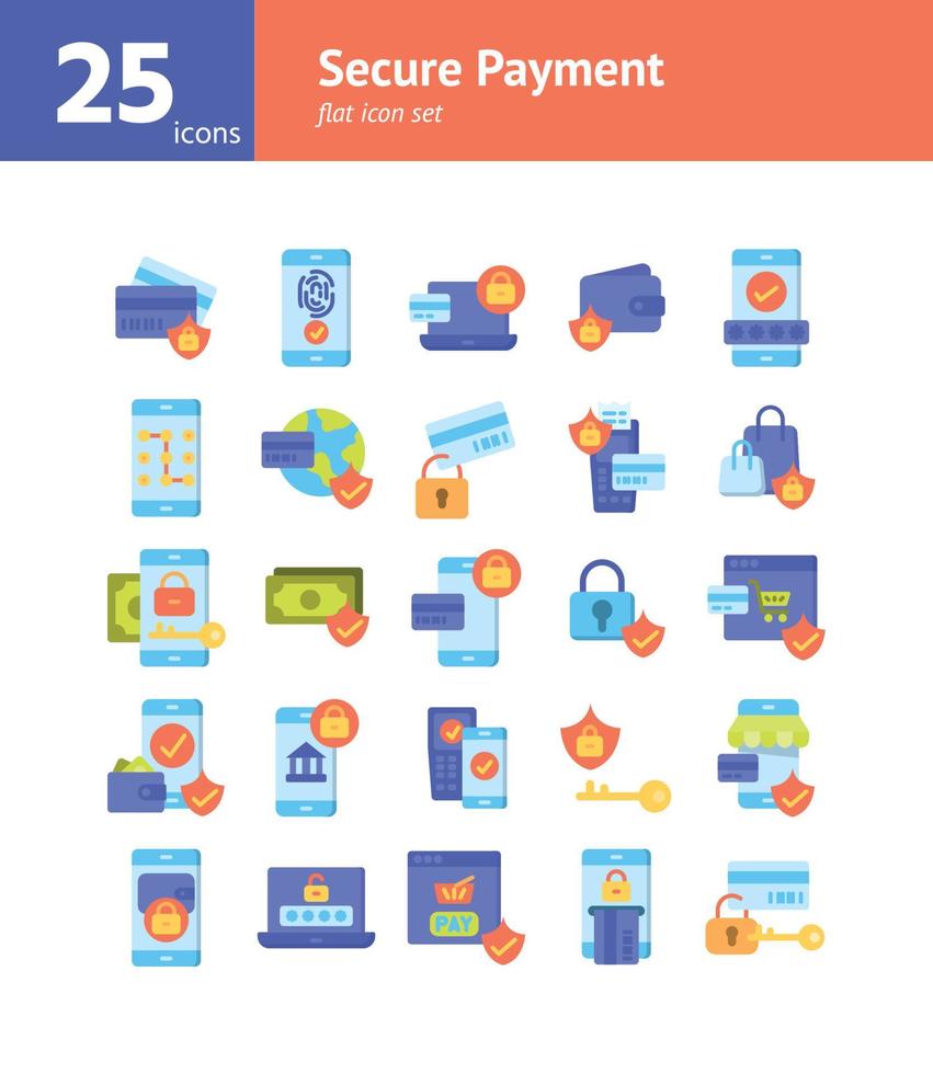 Secure Payment flat icon set. vector