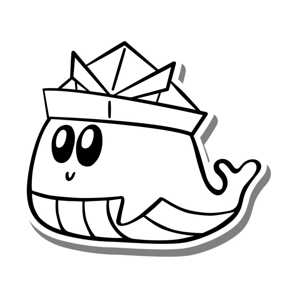 Cute cartoon Whale wearing Origami Hat Monochrome. Doodle on white silhouette and gray shadow. Vector illustration about aquatic animals for any design.