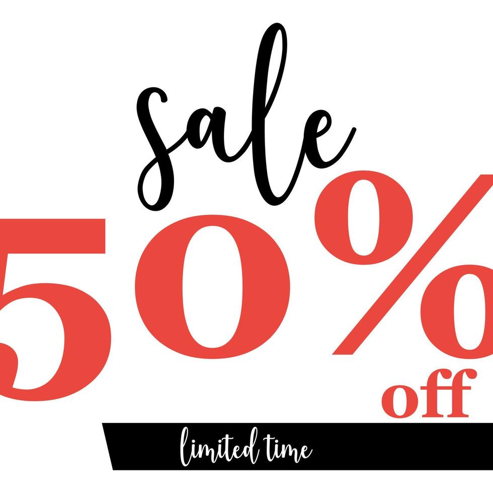 50 percent sale banner with inscription in red and black colours on white background. Vector illustration in flat style for discount season, Black Friday, shopping with reduction.