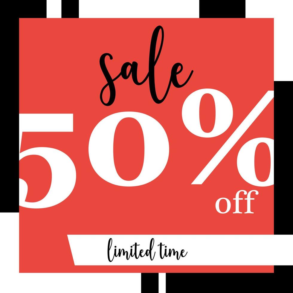 Discount banner with limited time offer of 50 percent off in black and white colours on red background. Flat vector illustration for sale, Black Friday or shopping with reduction.