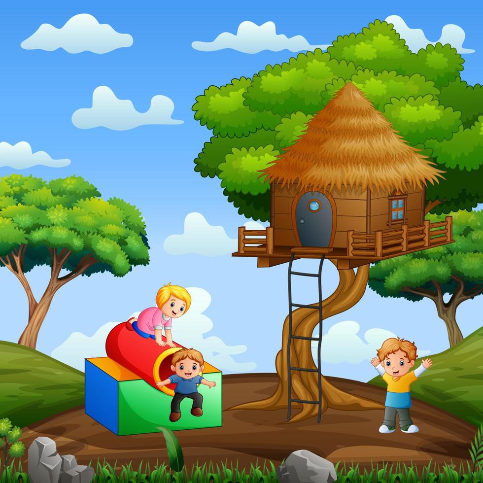 Happy kids playing around tree house illustration vector