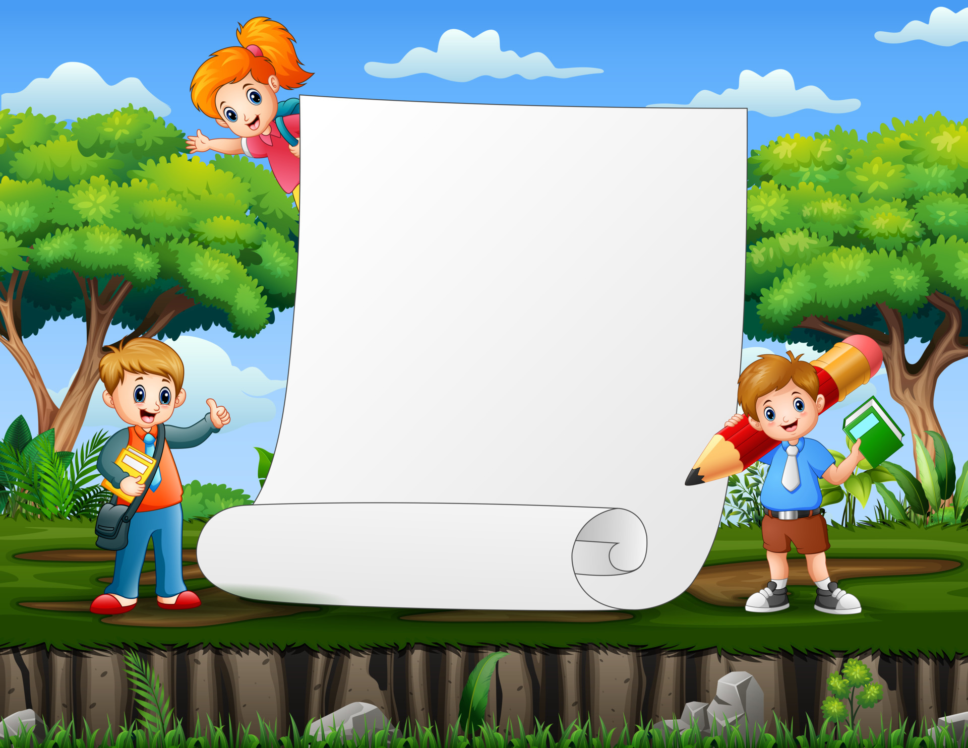 Paper template with school kids at nature background 6132878 Vector Art