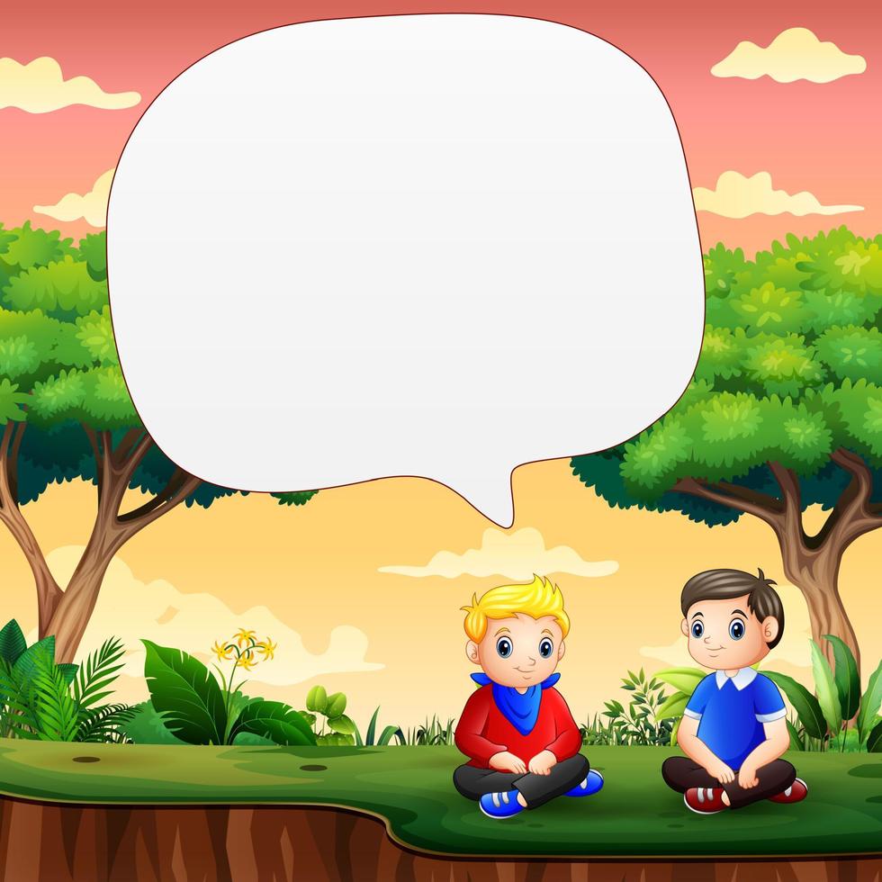 Speech bubble with two boys sitting on the grass vector
