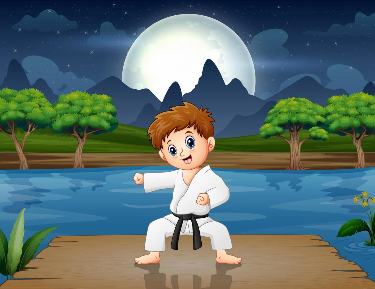 un niño practicando karate en el muelle por la noche vector