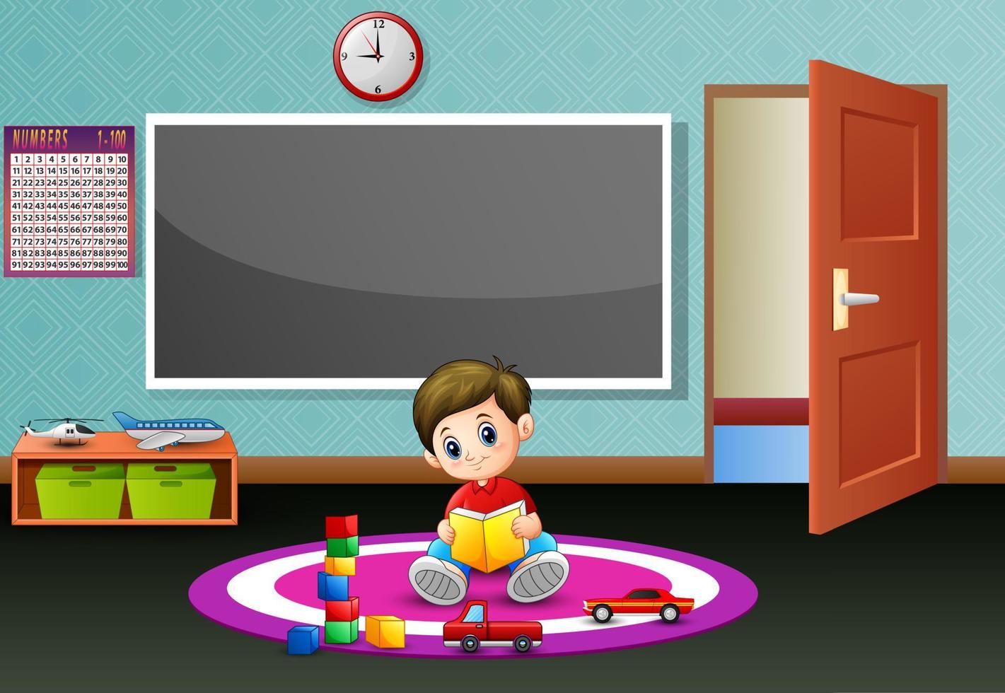 A little boy reading book in the classroom vector