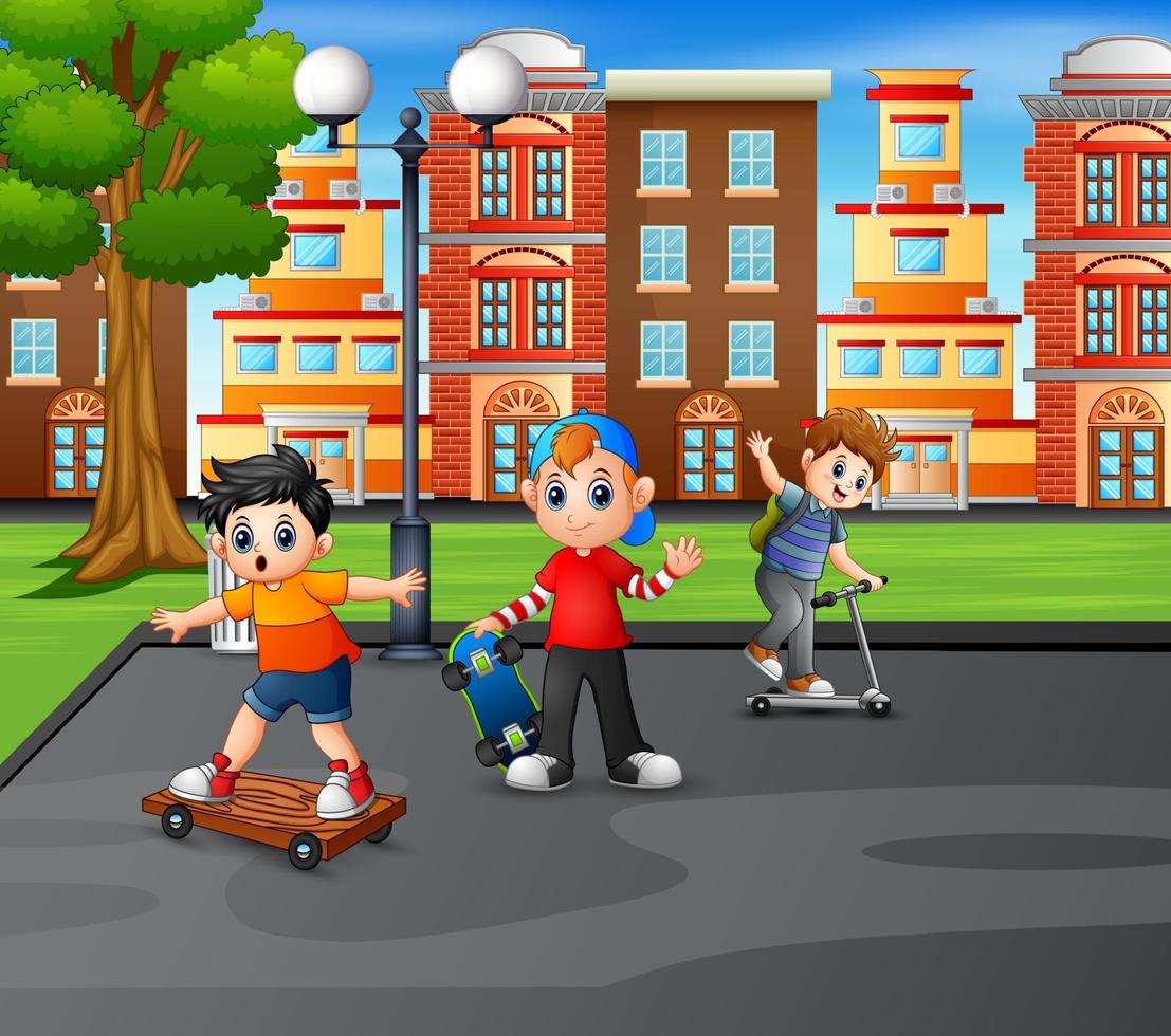 Three boys playing in the city park vector