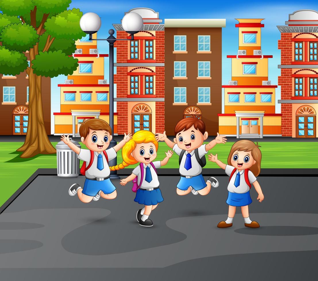 Happy children in uniform at jumping at the park vector