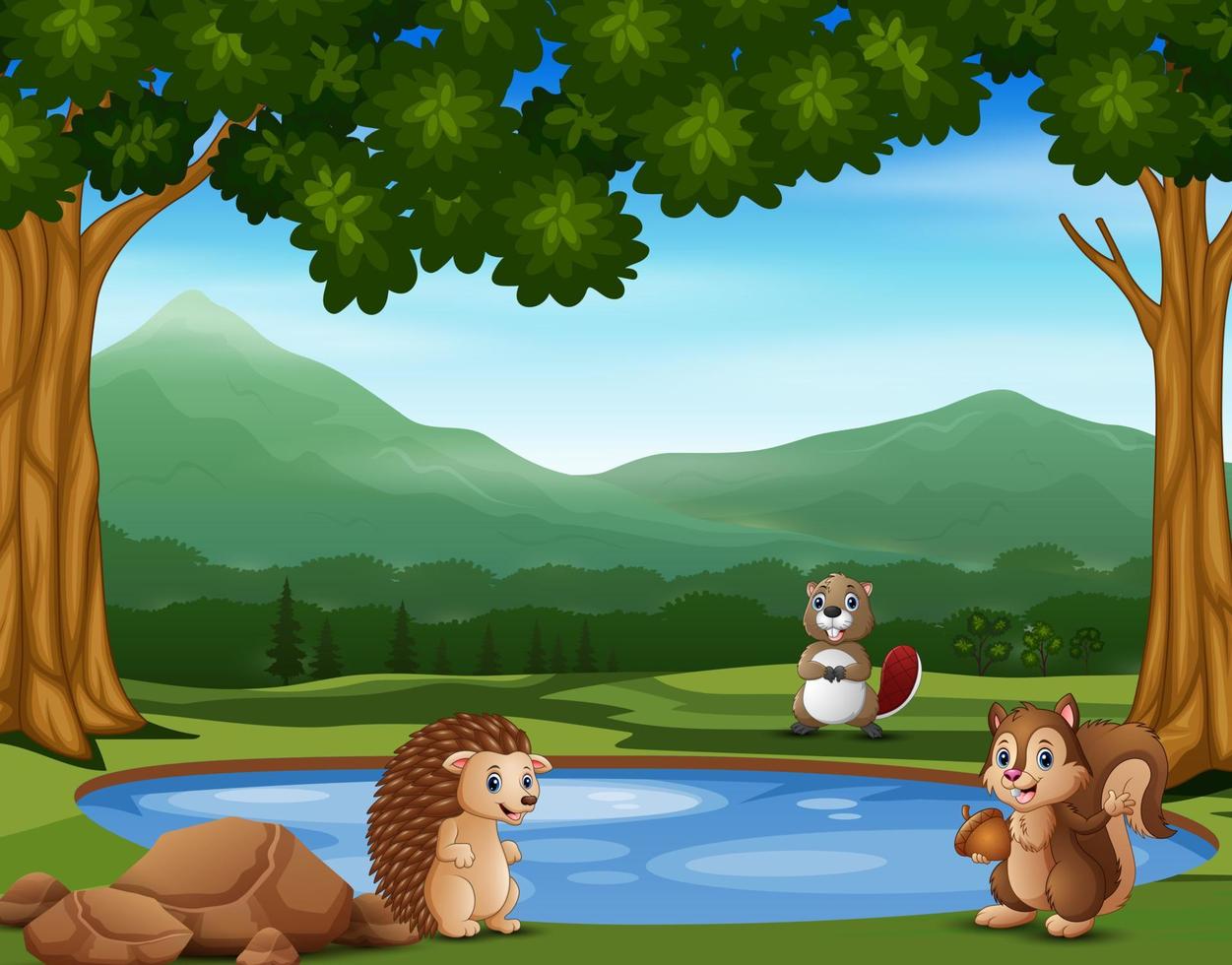 Animal cartoon standing near the small pond vector