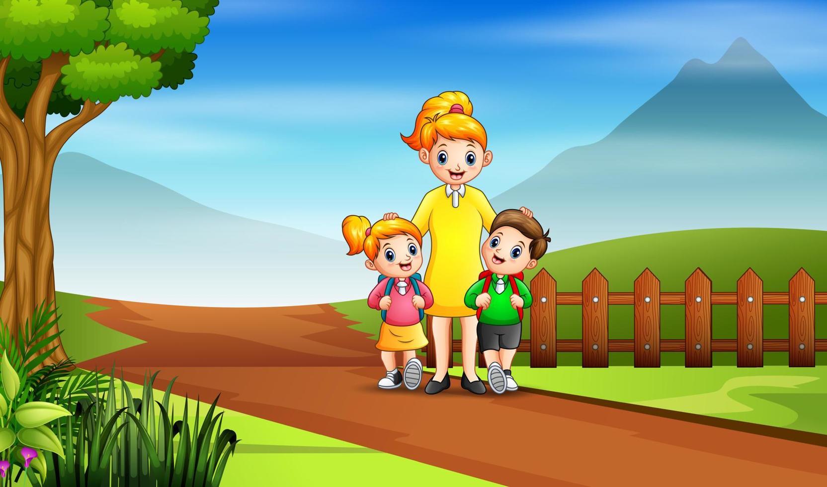 Happy children go to school with their mother vector