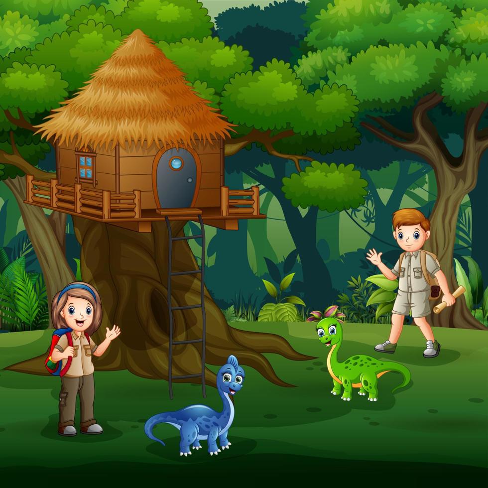 exploradores jugando con dinosaurios bebés alrededor de la casa del árbol vector