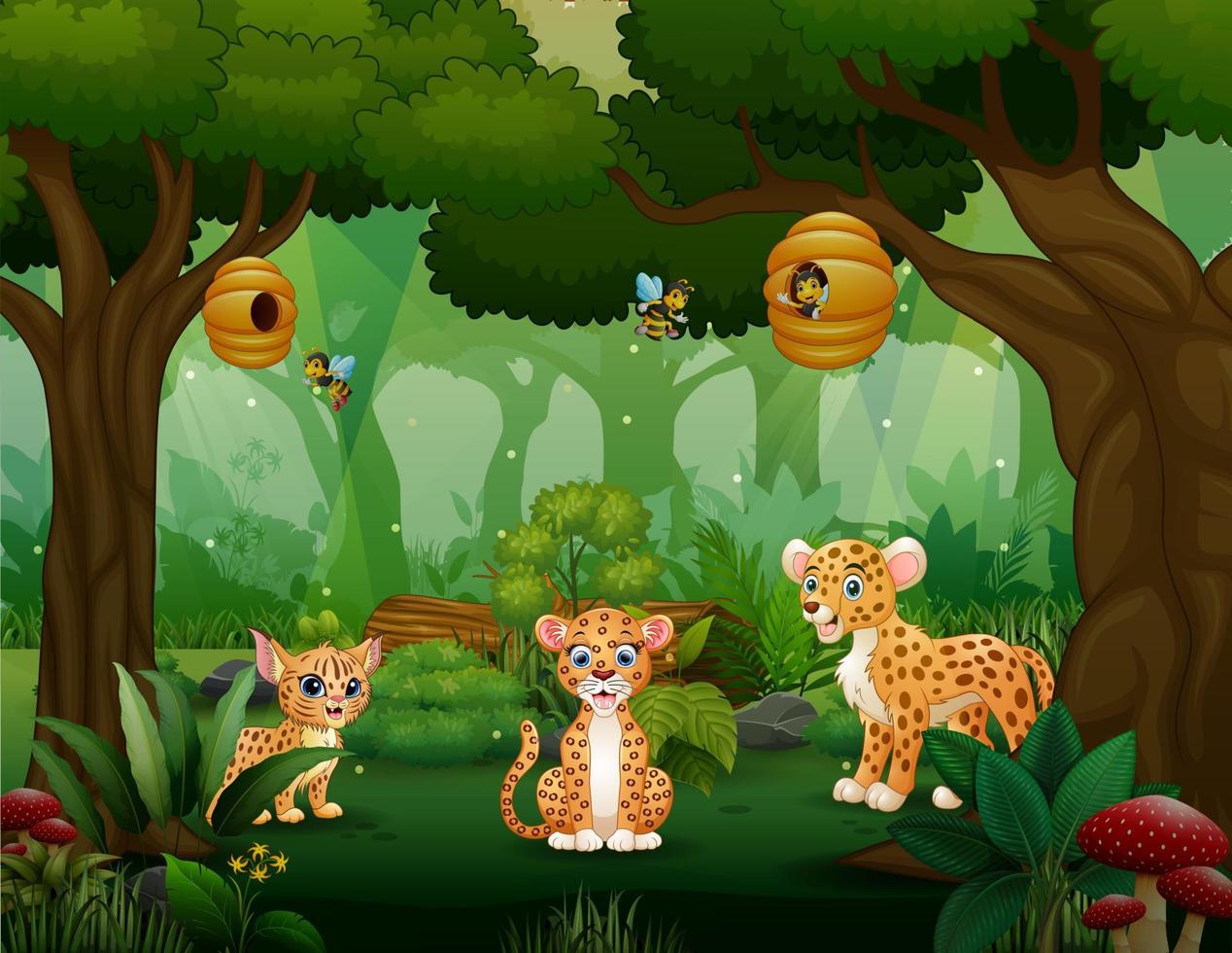 familia de leopardos de dibujos animados jugando en medio del bosque vector