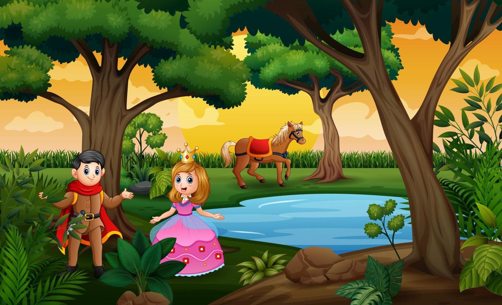 una escena de cuento de hadas con princesas y príncipes en el bosque vector