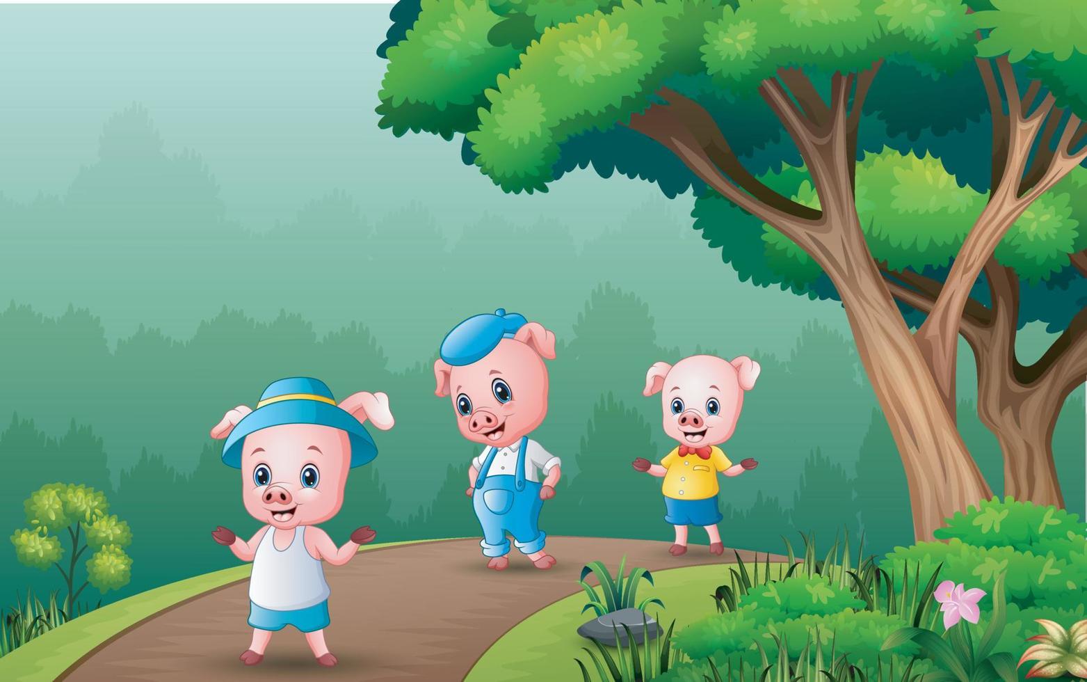 felices tres cerdos caminando por el camino forestal vector