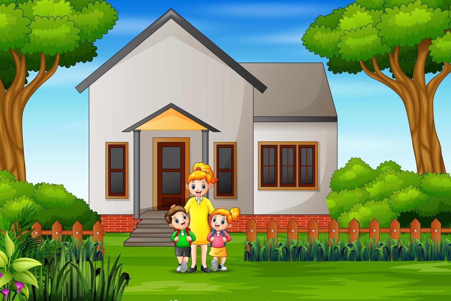 Happy children go to school from home vector