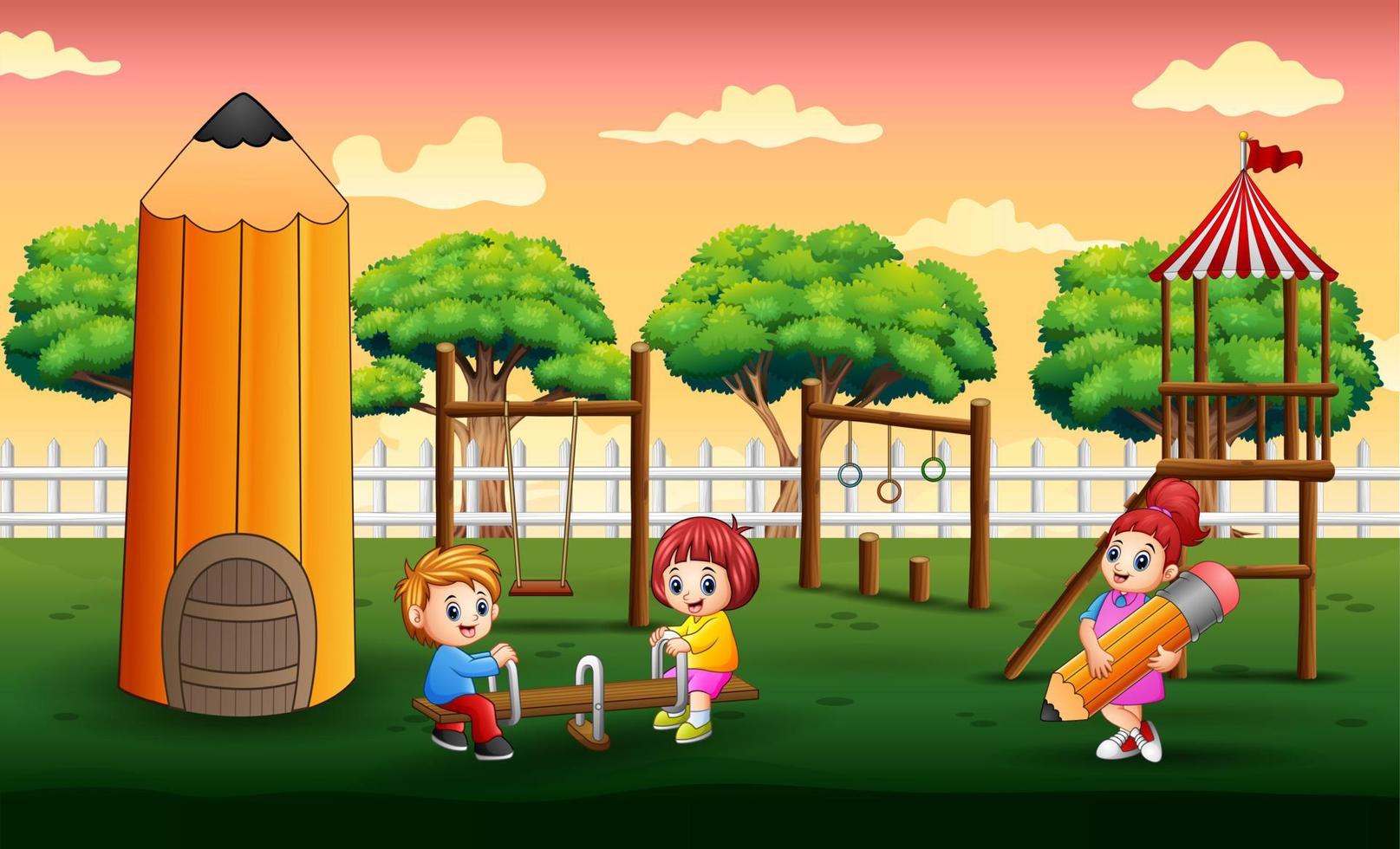 Happy children playing in playground vector