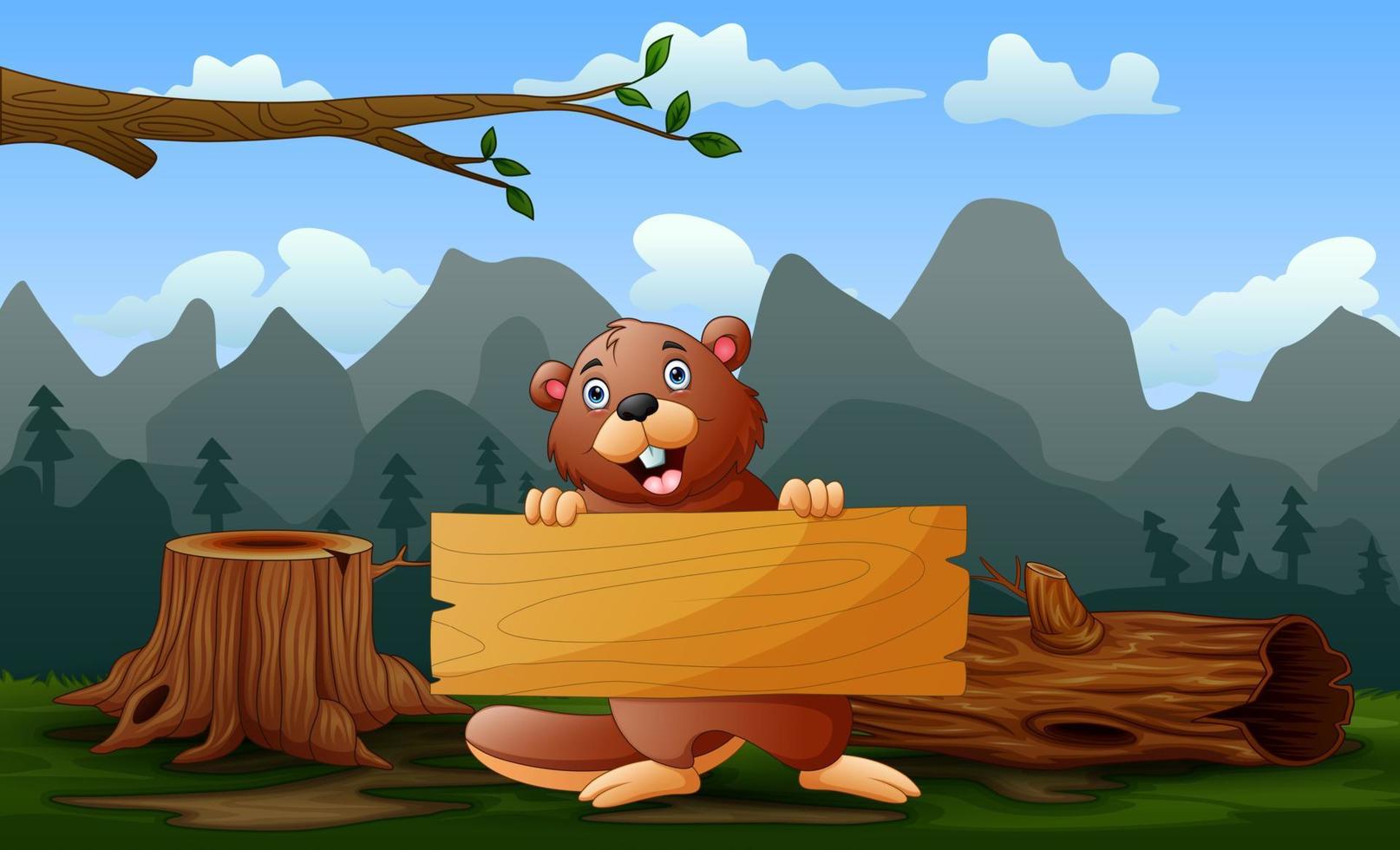 A beaver holding wooden sign in the field vector