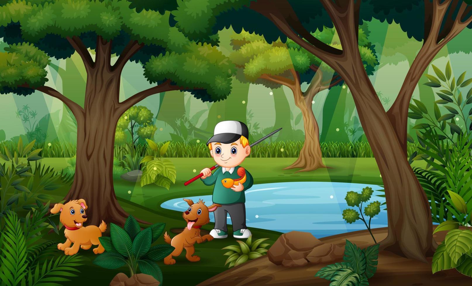un niño pescando con su mascota en el pequeño estanque vector