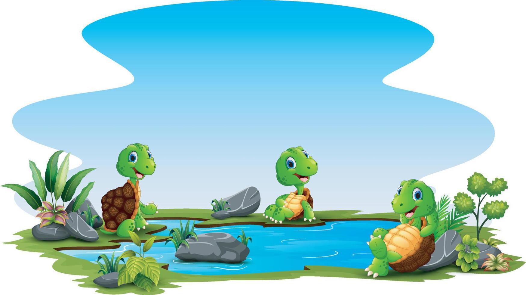 dibujos animados tres tortugas relajarse alrededor del pequeño estanque vector