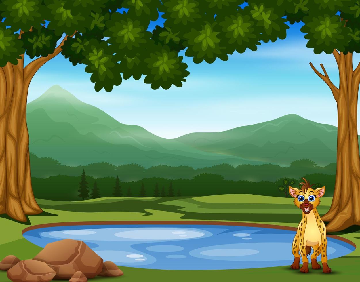 Hyena cartoon on the edge of a small pool vector