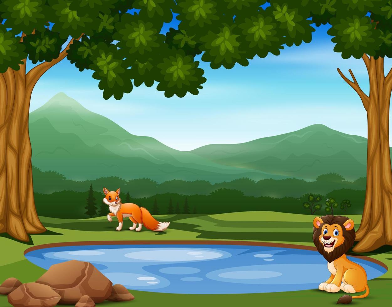 Animal cartoon playing near the small pond vector