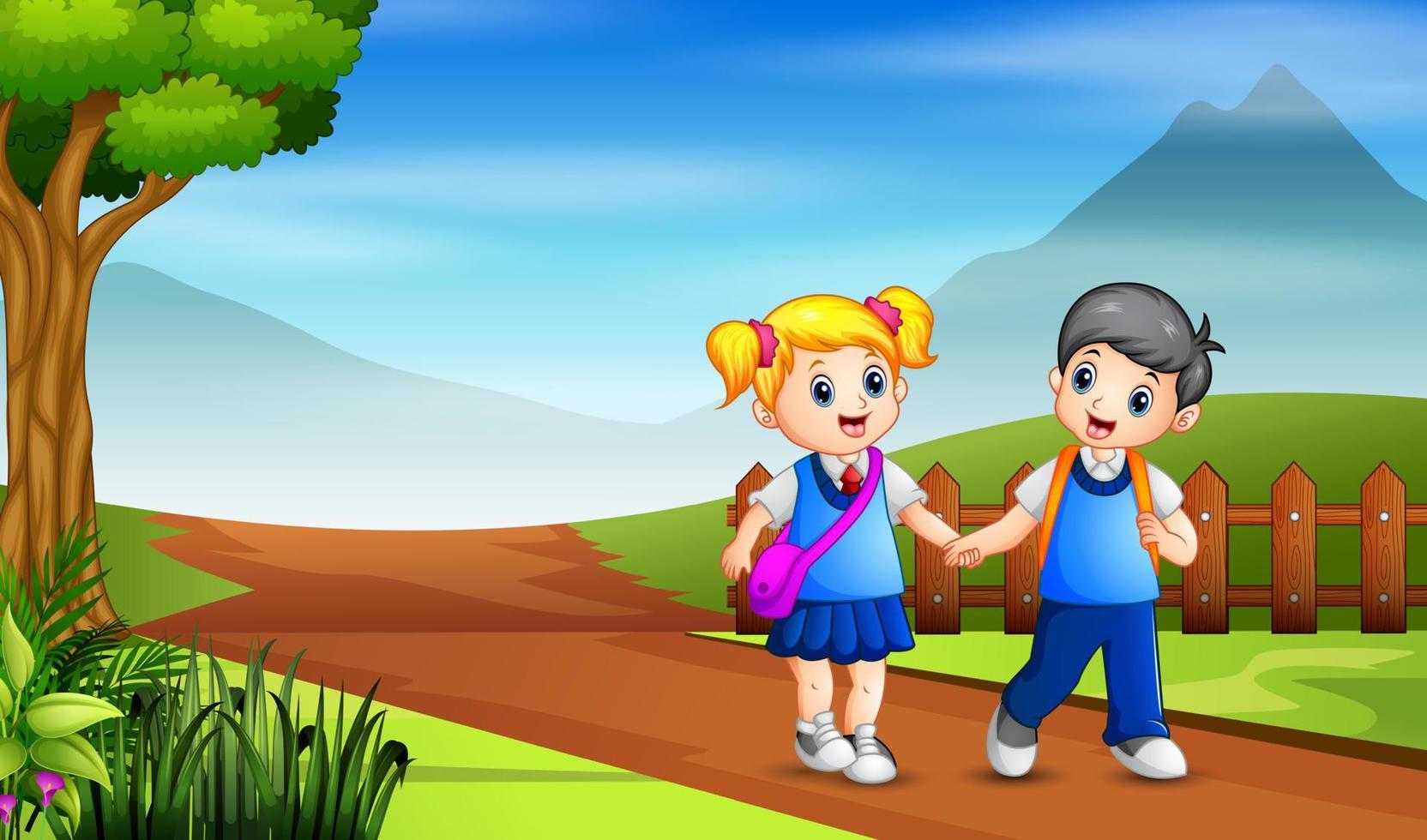 A young boy and girl going to the school vector