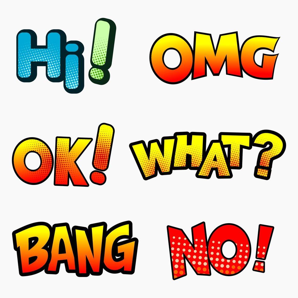 set text hi, OMG, OK, What, Bang and No vector