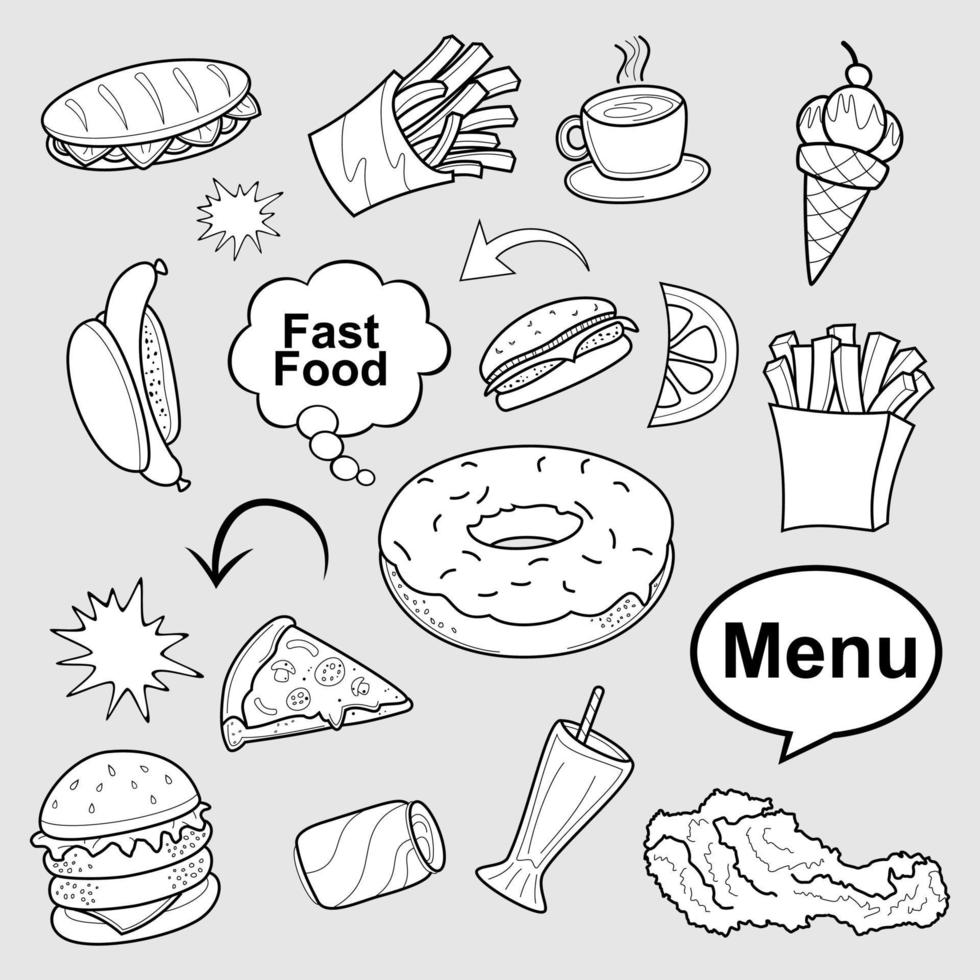 juego de garabatos de comida rápida, símbolos vectoriales y objetos. vector