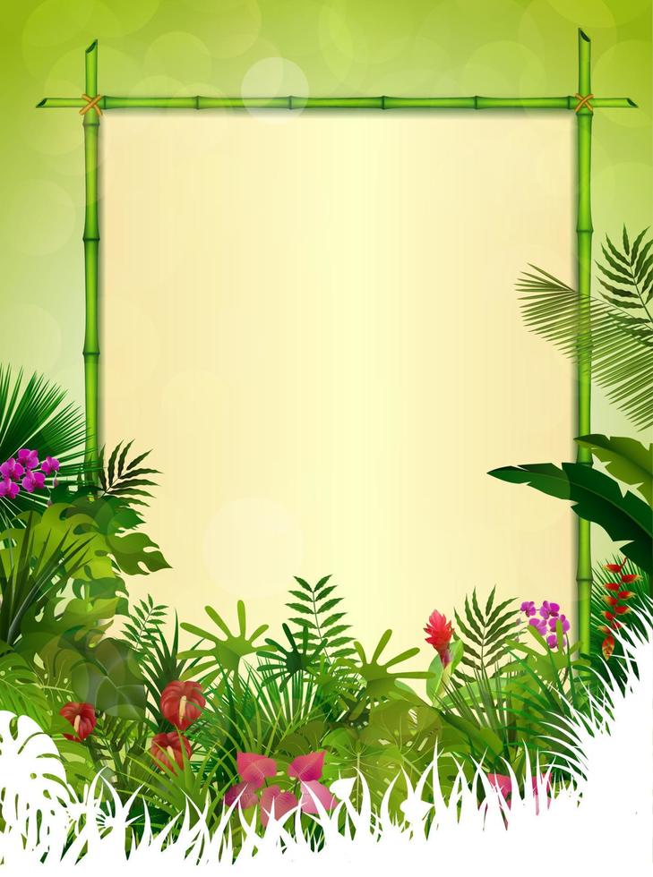 fondo tropical con marco floral rectangular en concepto de bambú vector