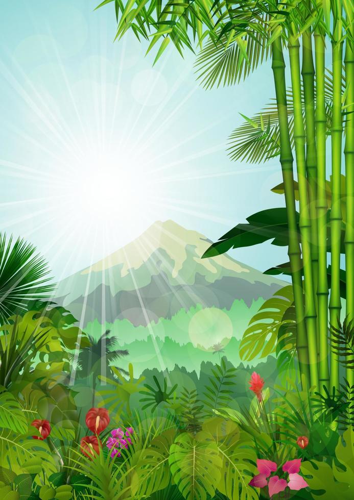 paisaje de montañas de fondo tropical con rayos de sol vector