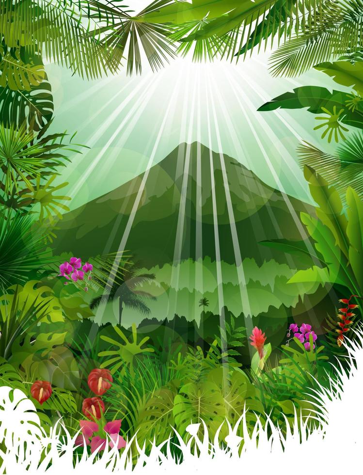 paisaje de montañas de fondo tropical con rayos de sol vector