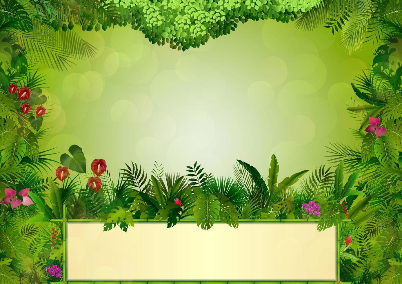 fondo tropical con marco floral rectangular en concepto de bambú vector