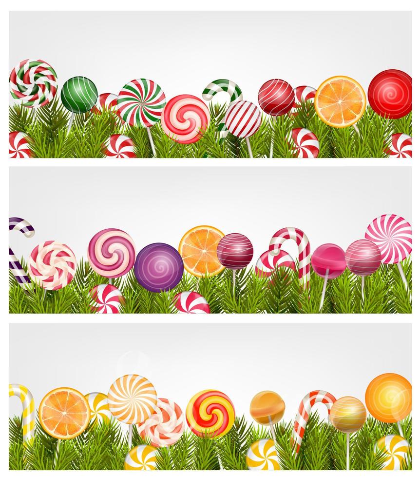 Sweet candies banner with pine tree, lollipop and orange slice.vector vector