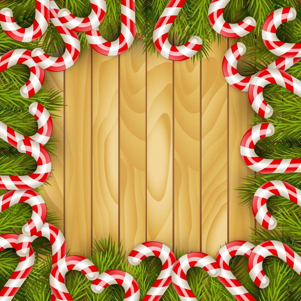 Border Fir Tree with candy on a wooden background.vector vector