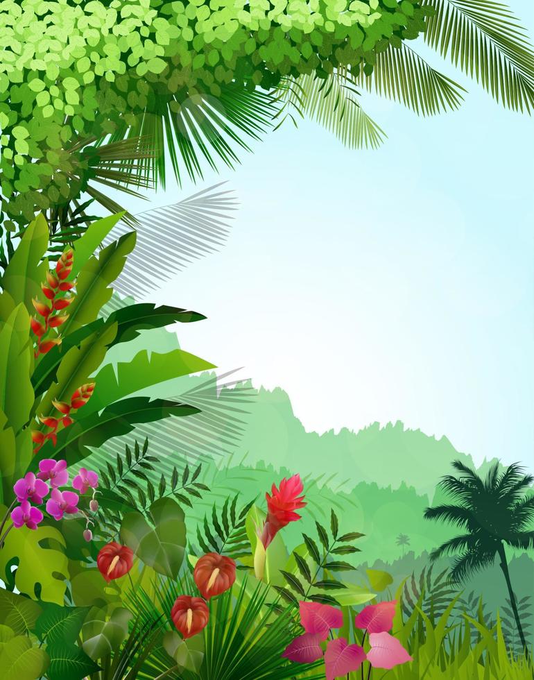 paisaje forestal de fondo tropical con rayos de sol. vector