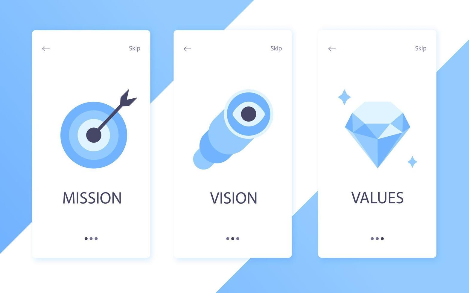 Mission, vision and values flat style design icons signs web concepts vector illustration set isolated on white background.