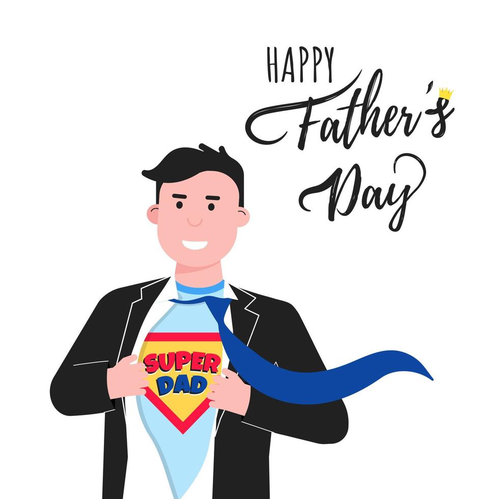 Man tear his shirt and comic style words SUPER DAD on t-shirt flat style design vector illustration isolated on white background. Male man in business suit, tie. Concept of super father.