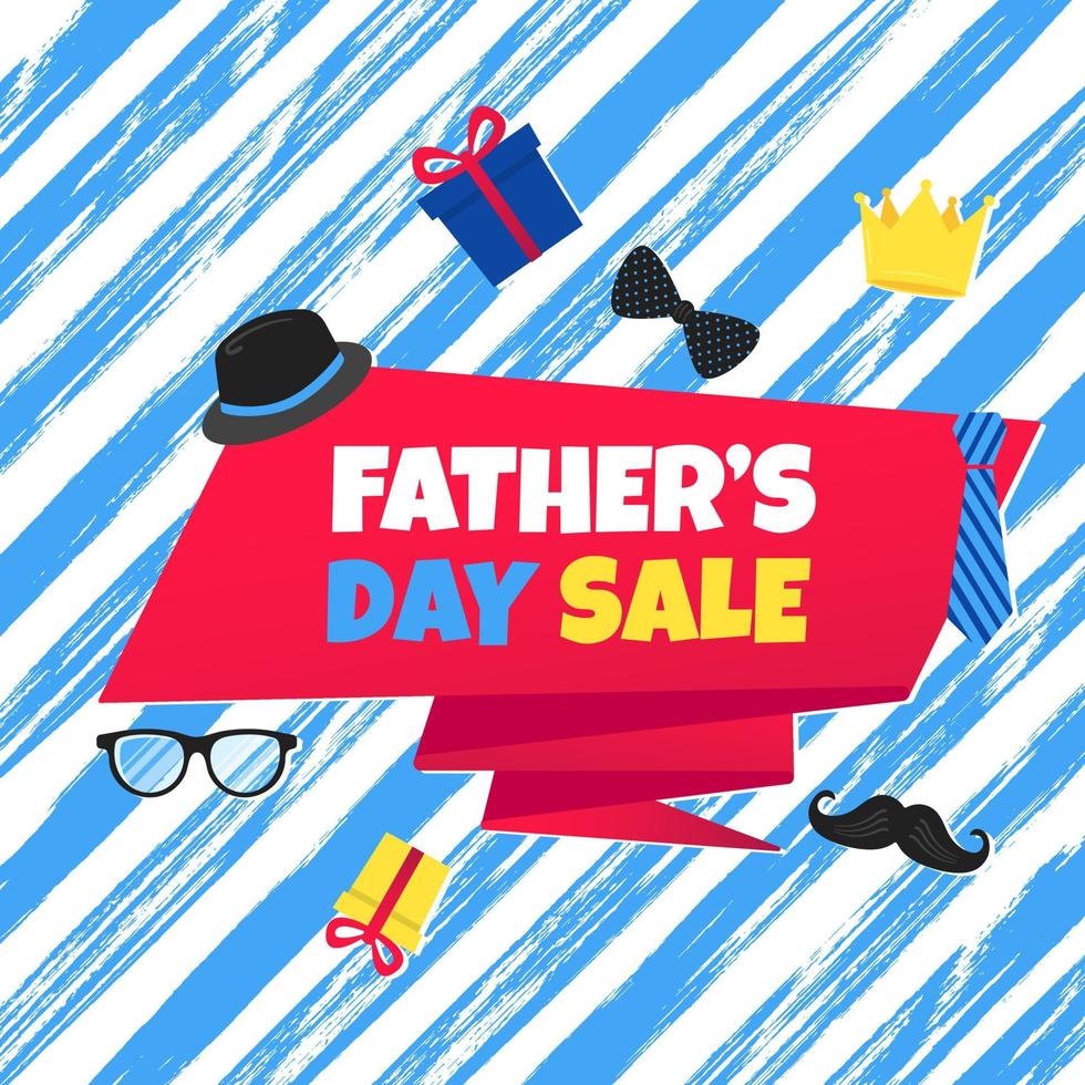 Father's day sale concept template flat style design vector illustration with big ribbon, text typography, gift boxes, hat, golden crown, mustaches, tie bow eye glasses and funny background.