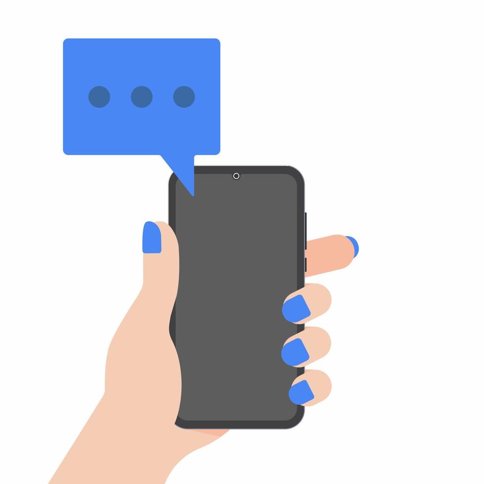 Hand holding black mobile phone with blue chat bubbles on the screen isolated on background vector