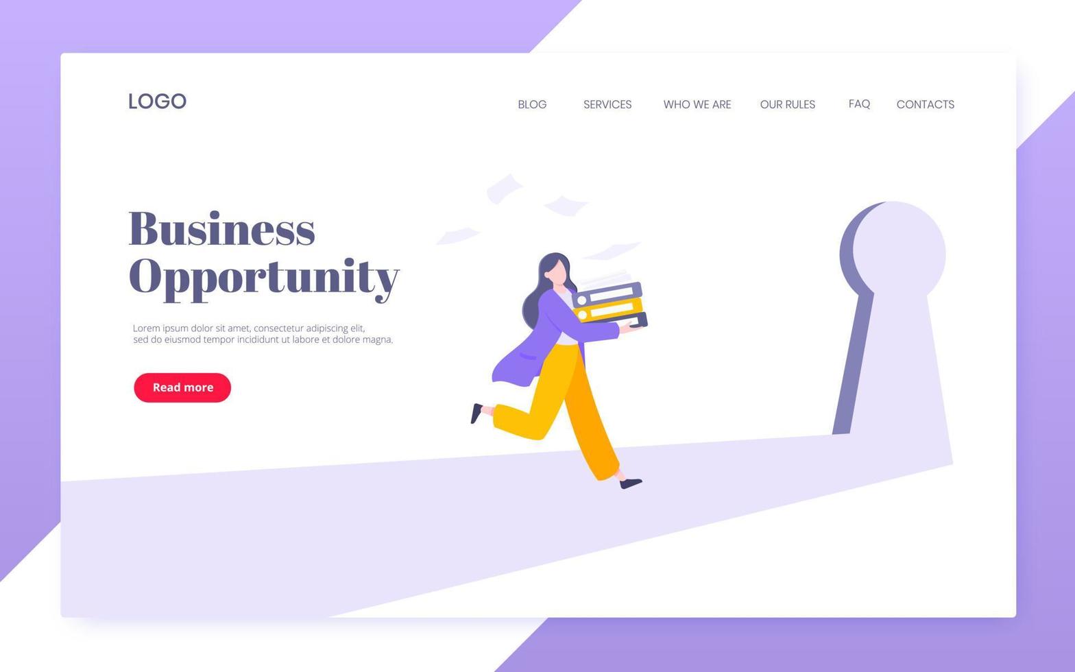 Business key opportunity concept with keyhole and ambitious woman running to career potential. vector