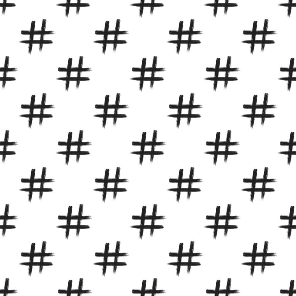 Seamless pattern with hand drawn brush stroke dirty art hashtag symbol icon sign isolated on white background. Black and white composition of the symbol hashtag vector