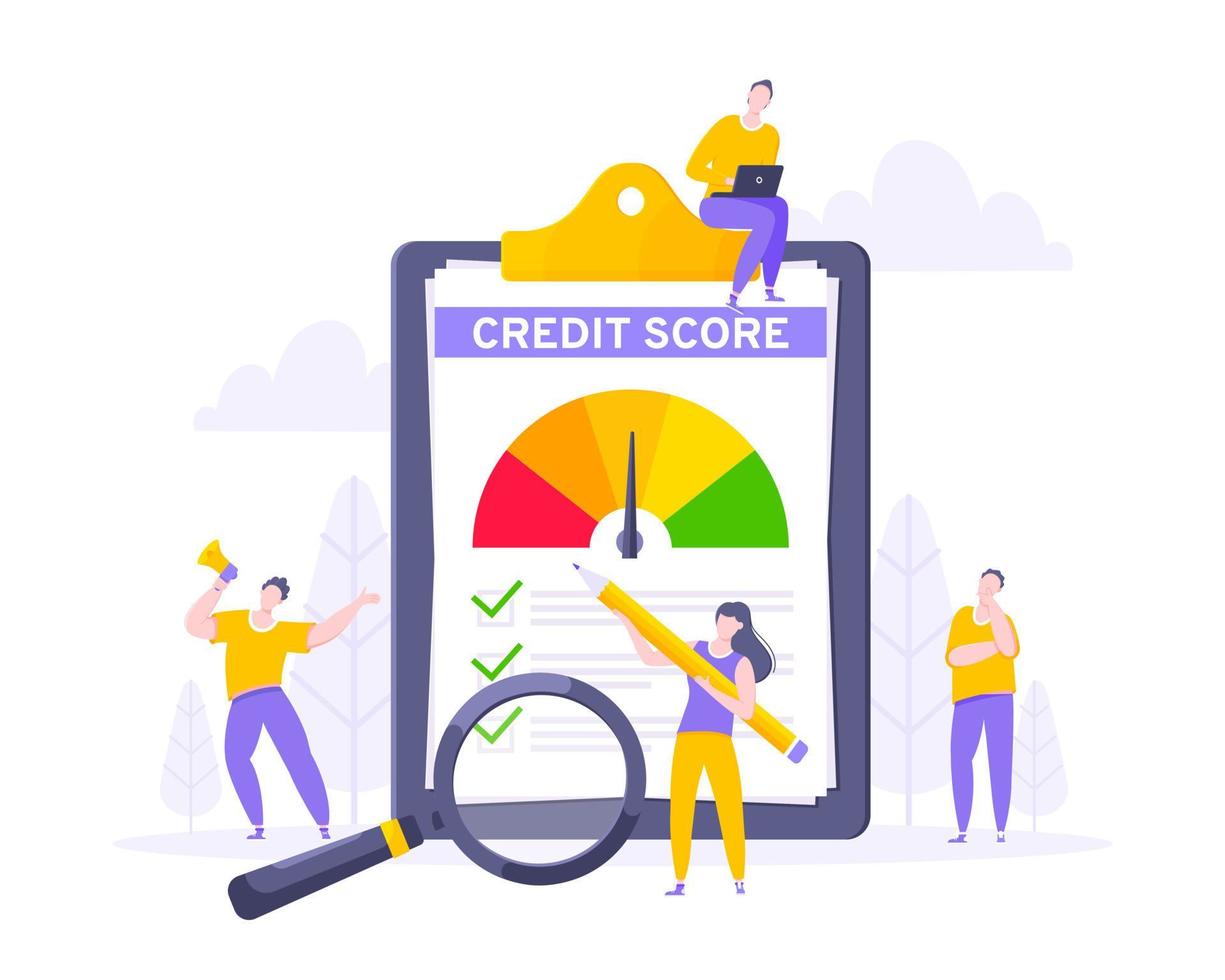 Credit score report with arrow gauge speedometer indicator with color levels on giant clipboard. vector