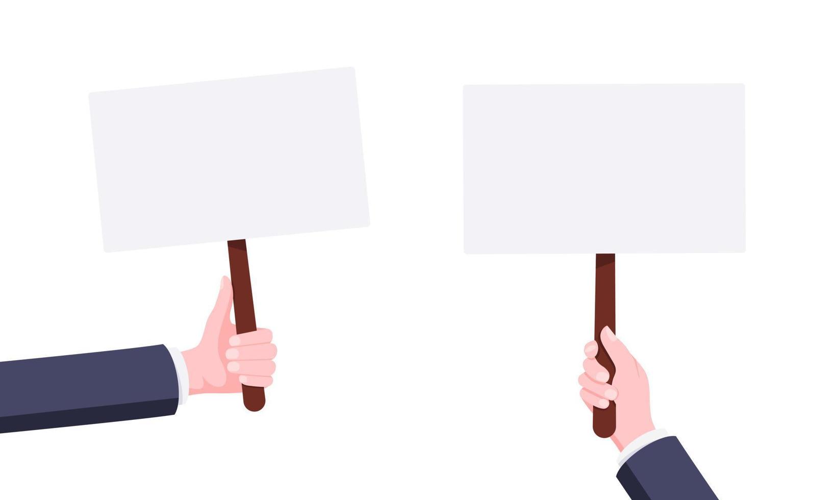 Hand hold blank protest banner plates sign business concept flat style design vector illustration.