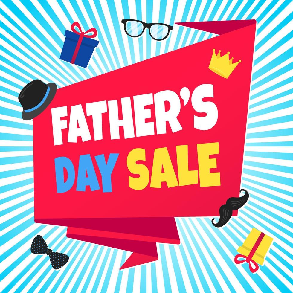 Father's day sale concept template flat style design vector illustration with big ribbon, text typography, gift boxes, hat, golden crown, mustaches, tie bow eye glasses and funny background.