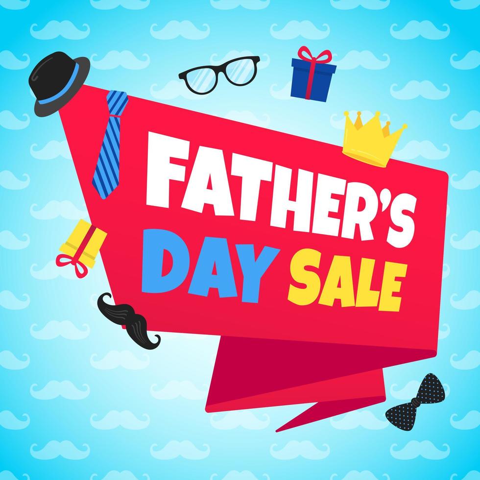 Father's day sale concept template flat style design vector illustration with big ribbon, text typography, gift boxes, hat, golden crown, mustaches, tie bow eye glasses and funny background.