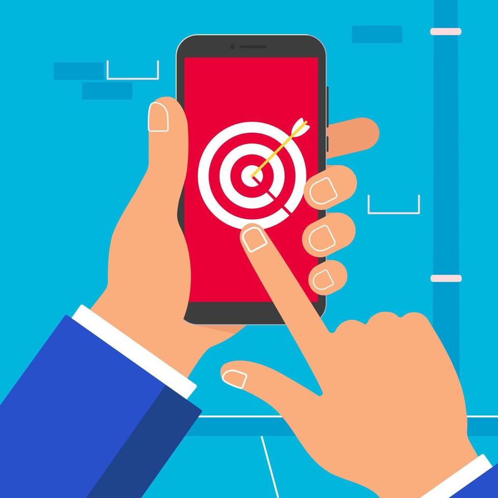 Hand holding black mobile phone target icon on the screen pointer finger touch screen isolated on background vector