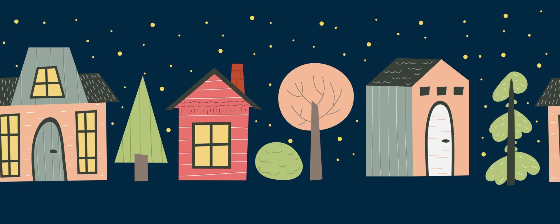 Scandinavian houses in a seamless border. Cute night city street with houses, smoke, tree and a road for childrens design. Flat vector illustration