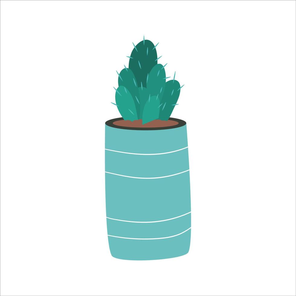 Cactus in flowerpot isolated on white background. Home plant for cozy interior and hobby. Flat scandinavian vector illustration.